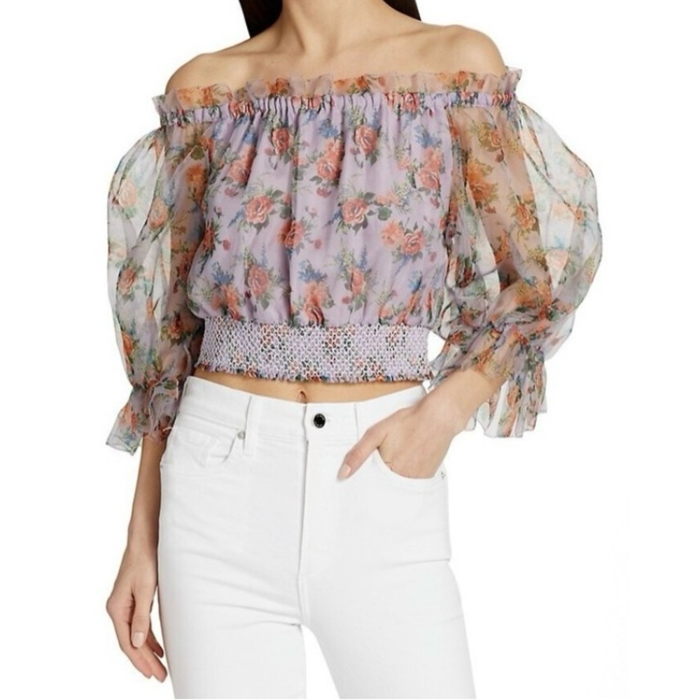 Alice + Olivia Caprina Silk Floral Off-Shoulder Top